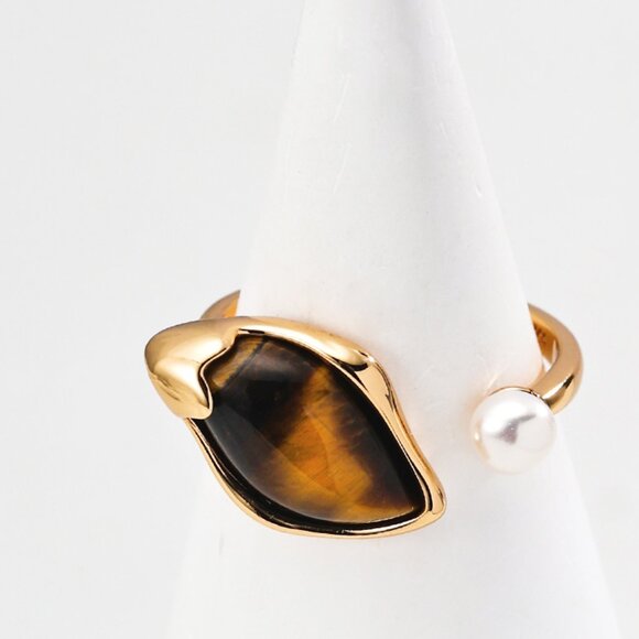 925 Gold Tiger's Eye & Pearl Open Cuff Ring - Picture 1 of 5